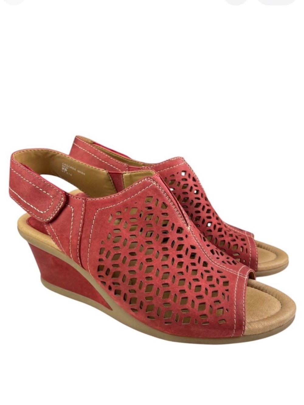 Earth Women’s Cascade Wedge Sandals 9D Wide Red Leather Cutout Slingback Comfort